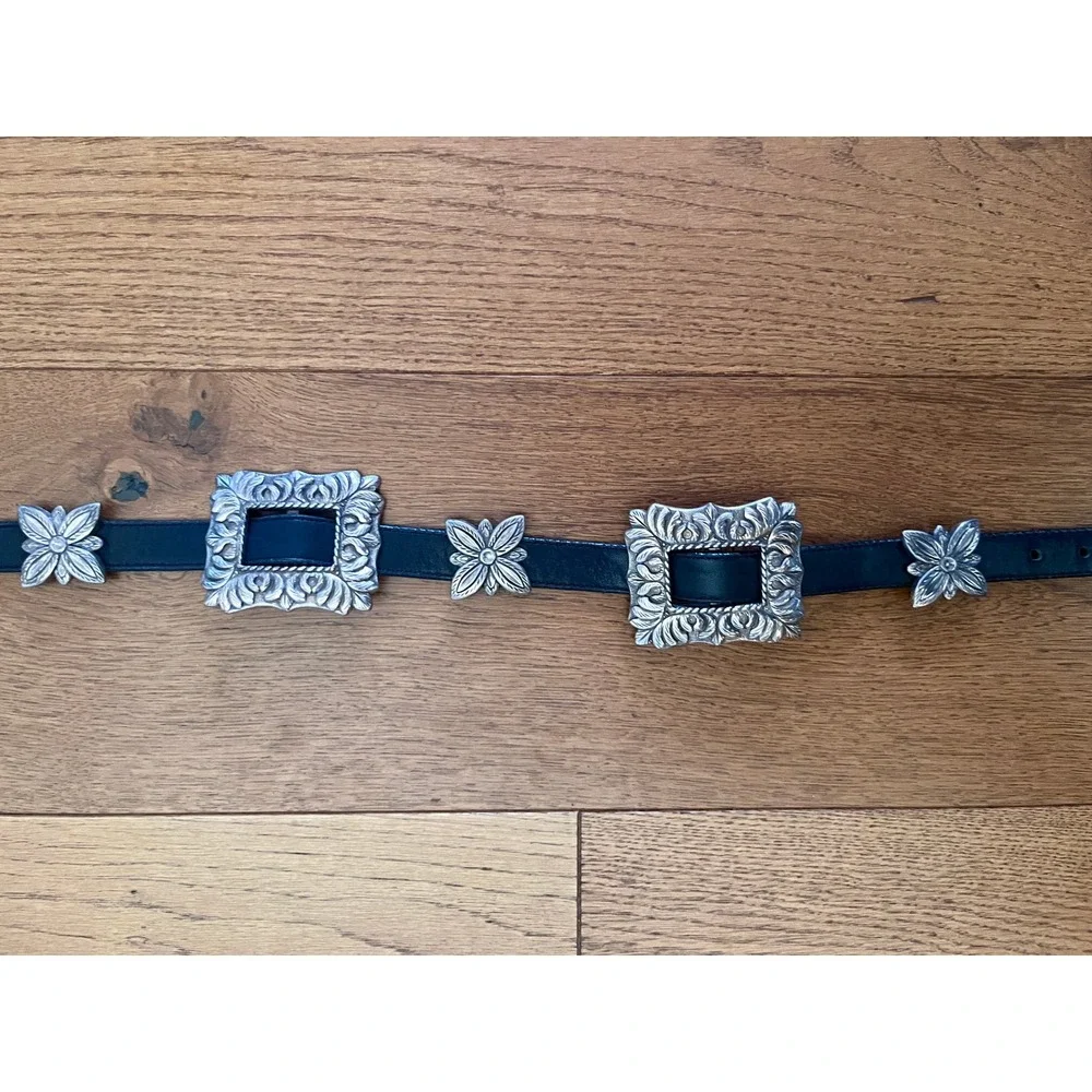 Vintage Brighton 1994 Western Concho Leather Belt USA Black Silver 36.5